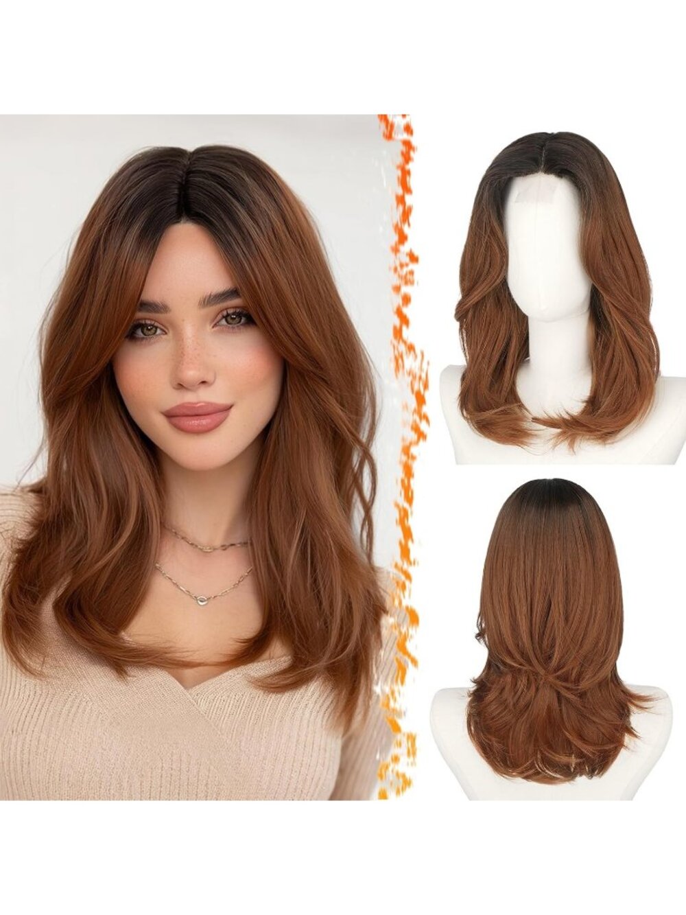 16 Inch Women's Auburn Ombre  Butterfly Layered Straight Curtain Bangs Wigs